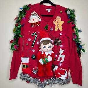 Ugly Christmas Sweater Dancing Elf on the Shelf LIGHTS UP Tinsel Xmas Sz Medium